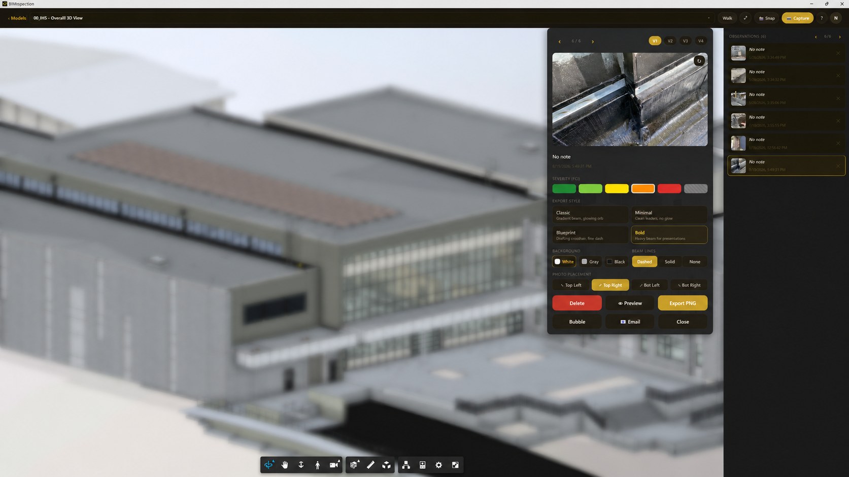 The BIMspection app: a 3D building model with an observation marked on it, alongside a detail panel showing the photo, severity swatches, and the export options for style, background, beam lines and photo placement.