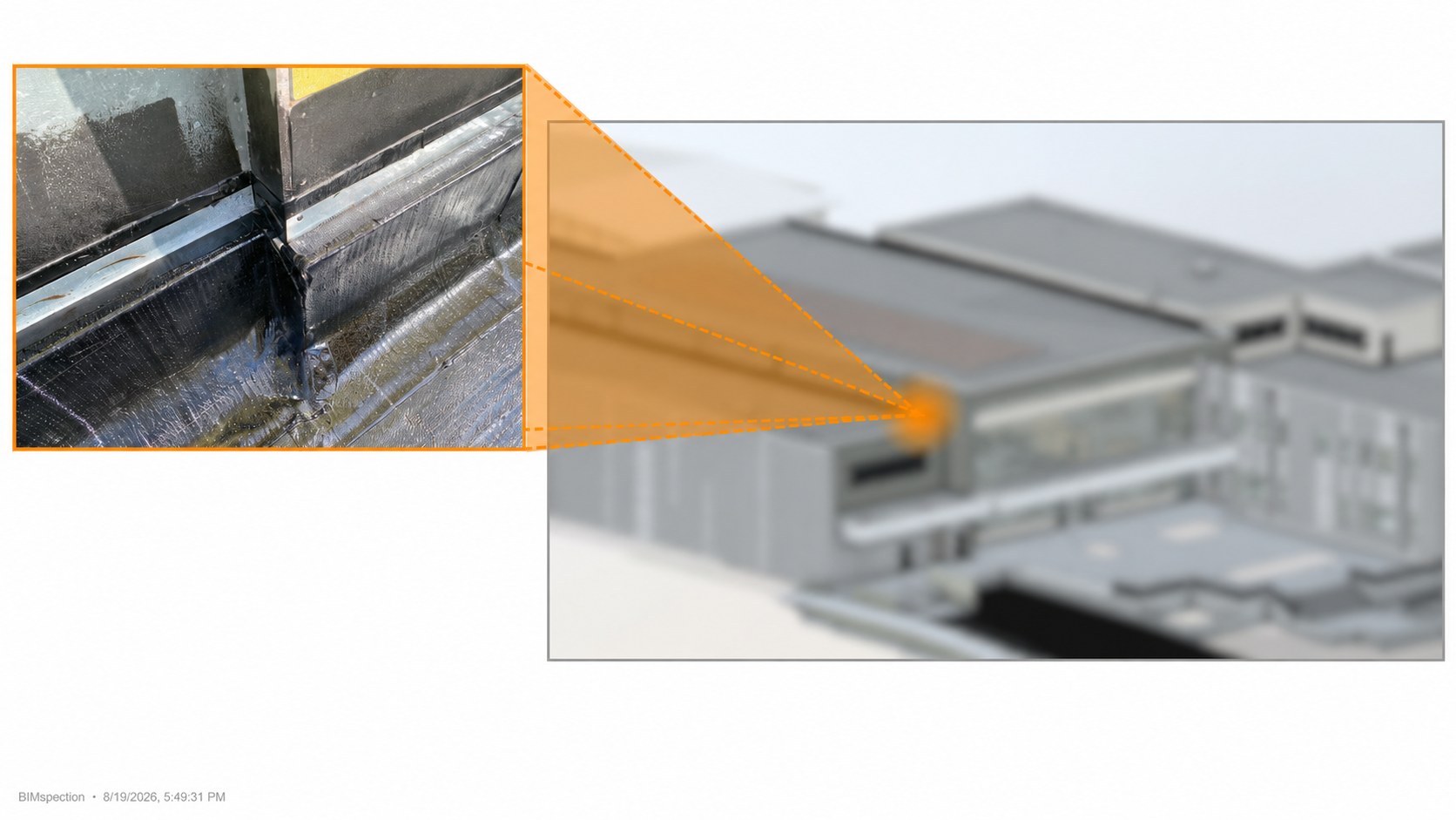 Composite export: a close-up photograph of black waterproofing membrane and metal counterflashing at a roof inside corner, linked by an orange beam to its location on the 3D building model.