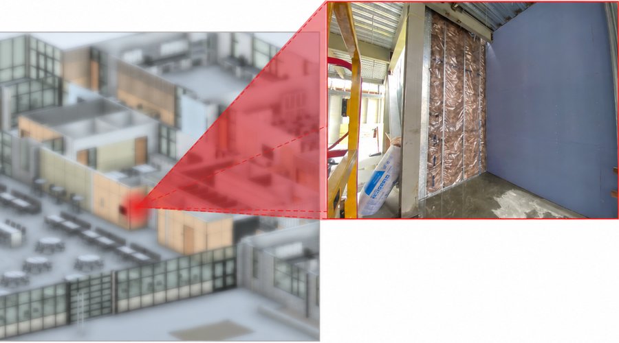 The finished composite export: the site photograph linked by a beam to its location on the 3D model.